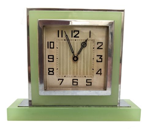 Art Deco Opaline Uranium Glass & Chrome Clock, C1930
