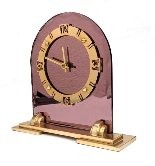 fig 1. Art Deco Pink Mirror Glass & Brass Clock, English, c1930