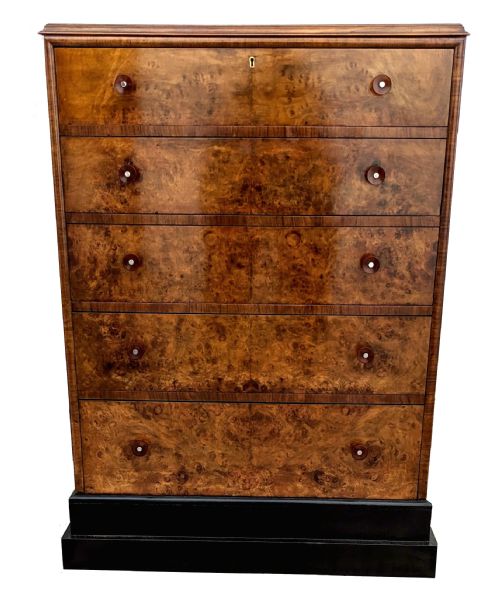 Art Deco High Quality Burr Walnut Chest of Five Drawers, English, C1930's