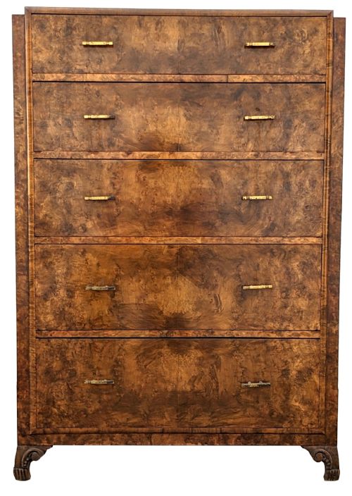Art Deco High Quality Burr Walnut Chest of Five Drawers, English, C1930's