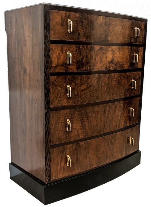 fig 1. Art Deco Bow Fronted Walnut Chest Of Five Drawers, English, c1930's