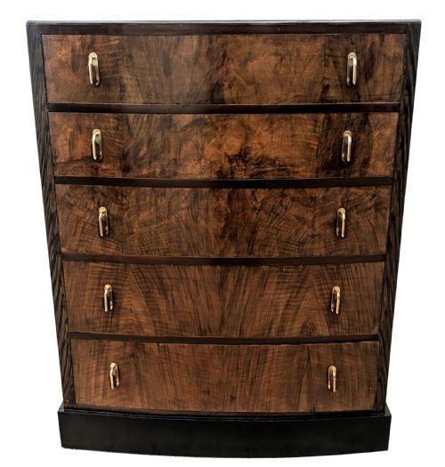 Art Deco Bow Fronted Walnut Chest of Five Drawers, English, C1930's