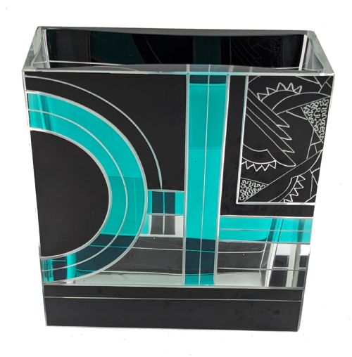 ART DECO SQUARE GLASS ENAMEL ETCHED VASE KARL PALDA C1930 - ADDITIONAL PHOTO 2