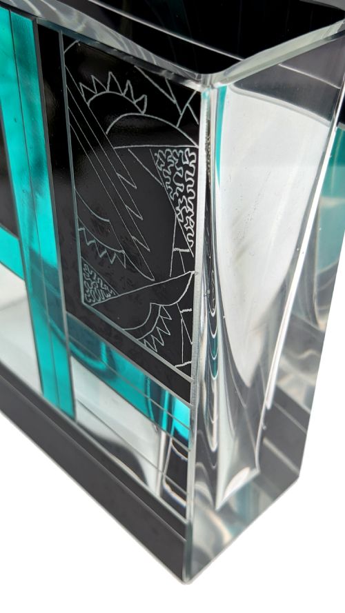 ART DECO SQUARE GLASS ENAMEL ETCHED VASE KARL PALDA C1930 - ADDITIONAL PHOTO 4