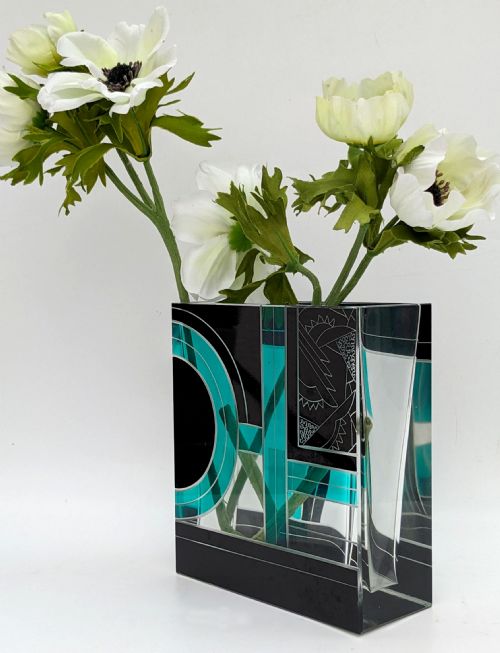 ART DECO SQUARE GLASS ENAMEL ETCHED VASE KARL PALDA C1930 - ADDITIONAL PHOTO 7
