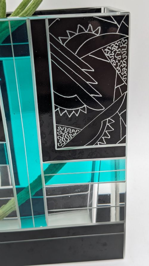 ART DECO SQUARE GLASS ENAMEL ETCHED VASE KARL PALDA C1930 - ADDITIONAL PHOTO 8