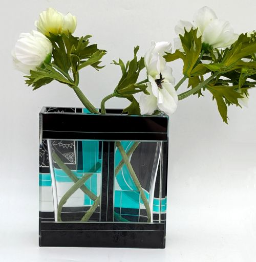 ART DECO SQUARE GLASS ENAMEL ETCHED VASE KARL PALDA C1930 - ADDITIONAL PHOTO 9