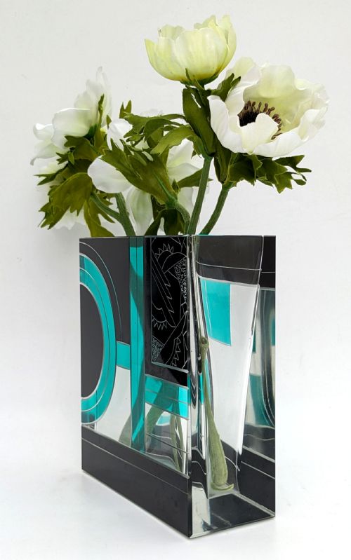 ART DECO SQUARE GLASS ENAMEL ETCHED VASE KARL PALDA C1930 - ADDITIONAL PHOTO 10