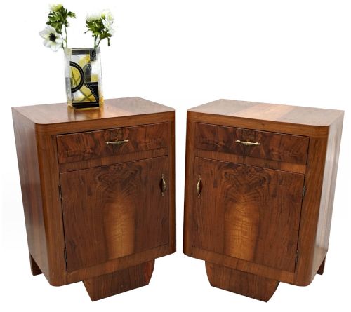Art Deco Italian Matching Pair of Walnut Bedside Cabinets, C1930
