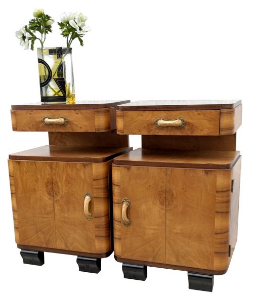 Art Deco Pair of Stylish Blonde Bedside Cabinets, Italian, C1930