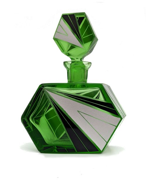 Art Deco Green Glass & Enamel Perfume Bottle, C1930