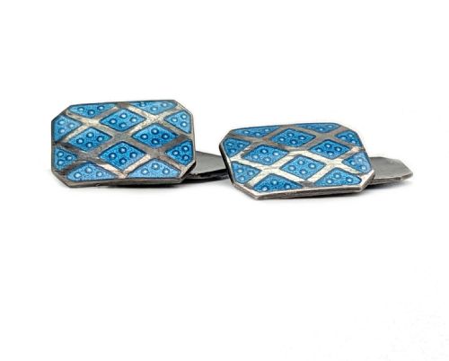 Art Deco Original Gentleman's Blue Enamel & Silver Cufflinks, English, C1930