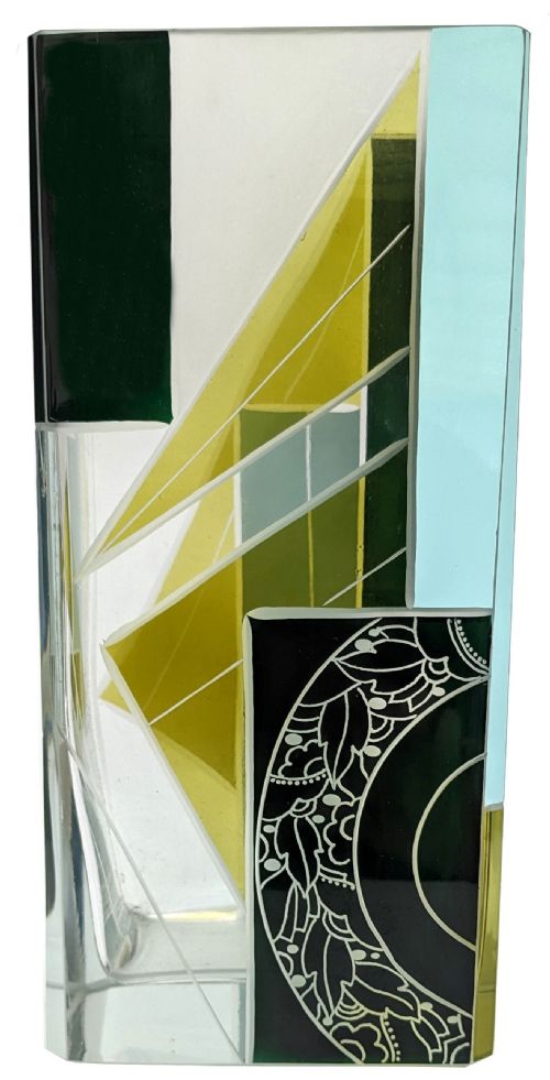 Art Deco Tall Glass & Enamel Etched Vase by Karl Palda, Czech Republic, C1930