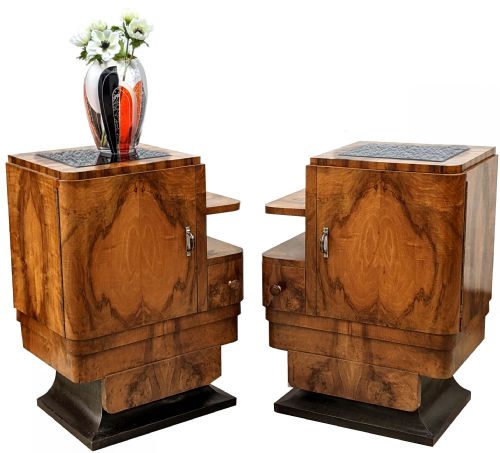 Art Deco Spectacular Pair of Italian Walnut Bedside Table Nightstands, C1930