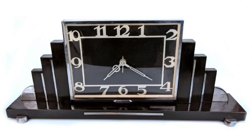 Art Deco Skyscraper Chrome & Ebonized Mantle Clock, English, Circa 1930