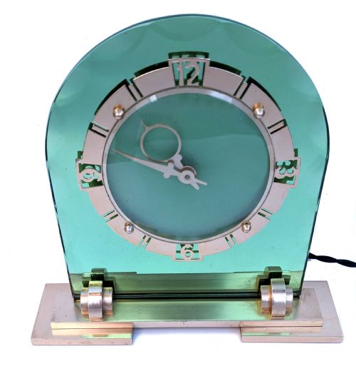 Art Deco Glamourous Green Mirror & Brass Clock, English, C1930