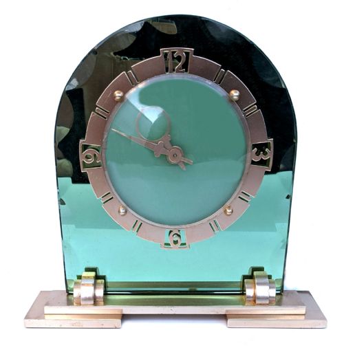 fig 1. Art Deco Glamourous Green Mirror & Brass Clock, English, c1930
