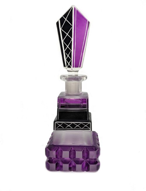 Art Deco Cut Glass & Enamel Ladies Perfume Bottle, C1930