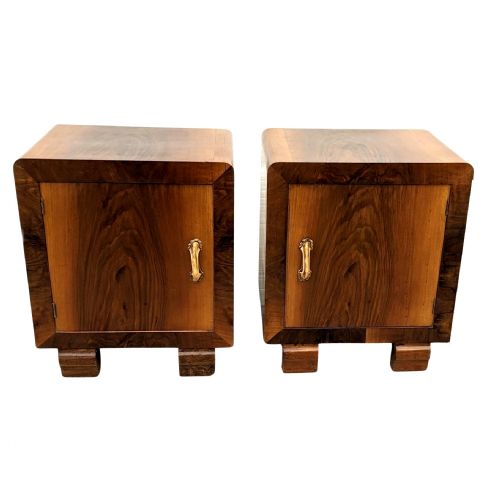 Art Deco Italian Matching Pair of Walnut Bedside Cabinets, C1930
