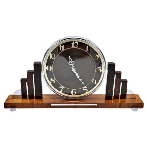 Art Deco Skyscraper Chrome & Walnut Mantle Clock, English, C1930