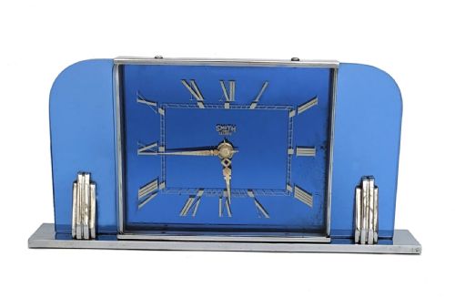 Art Deco Blue Glass & Chrome Clock
