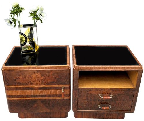 Art Deco Pair of Stylish 'His & Hers' Bedside Table Nightstands, Italian, C1930