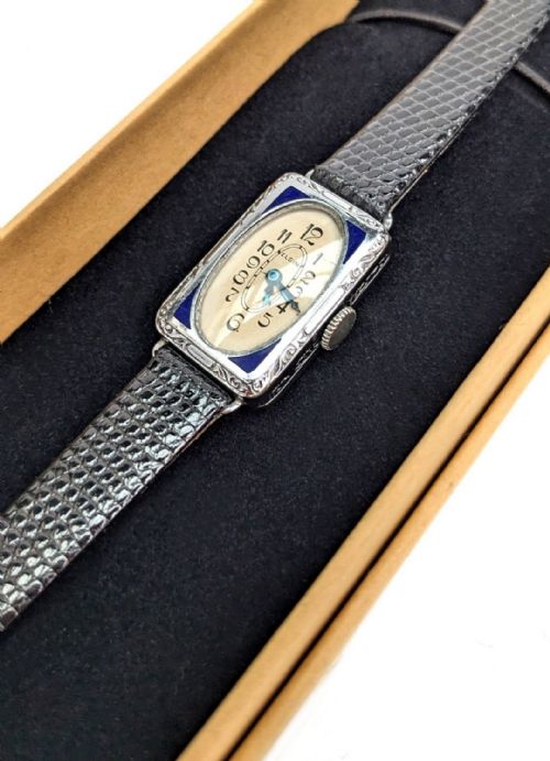 fig 1. Art Deco Blue Enamel & White Gold Ladies Watch By Elgin, Serviced, c1928
