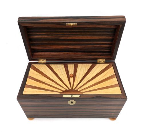ART DECO INLAID 'SUNRAY' INLAID TEA CADDY BOX WITH KEY C1930 - ADDITIONAL PHOTO 1