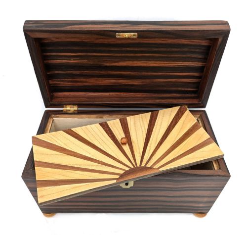 ART DECO INLAID 'SUNRAY' INLAID TEA CADDY BOX WITH KEY C1930 - ADDITIONAL PHOTO 2