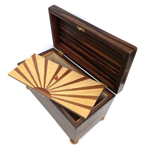 ART DECO INLAID 'SUNRAY' INLAID TEA CADDY BOX WITH KEY C1930 - ADDITIONAL PHOTO 4