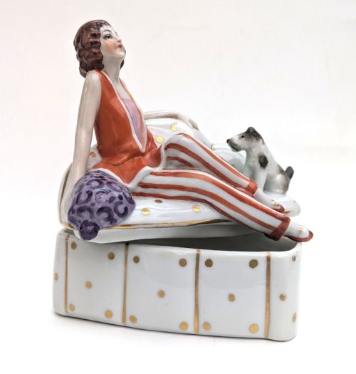ART DECO FLAPPER GIRL DOG CERAMIC POWDER BOX BOWL C1930'S - ADDITIONAL PHOTO 4
