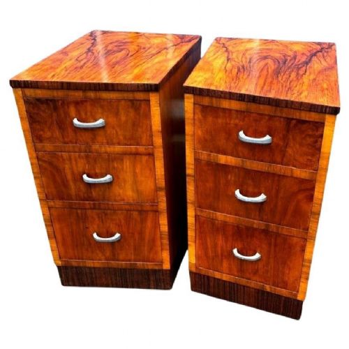 Art Deco Matching Pair of Walnut Bedside Cabinets
