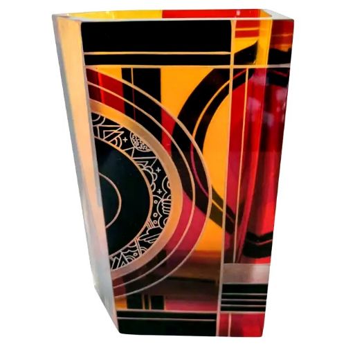 Art Deco Tall Geometric Enamel Decorated Glass Vase, C1930
