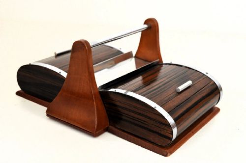 Art Deco Walnut Roll Top Cigar Cady with Chrome Trim, French, C1930