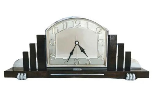 Art Deco Skyscraper Chrome & Walnut Mantle Clock, English, Circa 1930