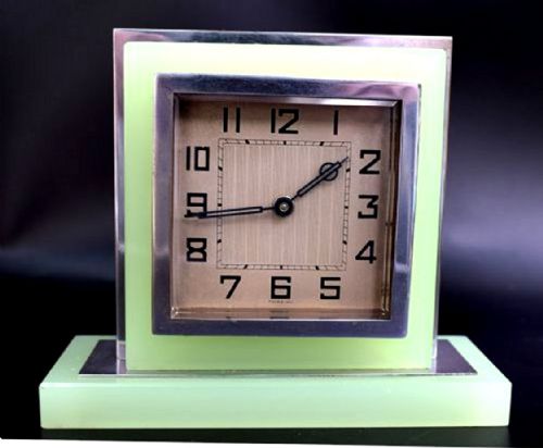ART DECO OPALINE URANIUM GLASS CHROME CLOCK C1930 - ADDITIONAL PHOTO 1