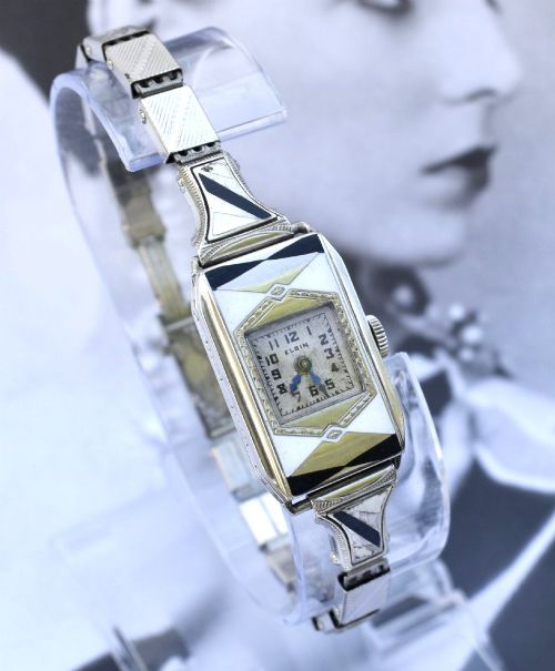 fig 1. Art Deco Ladies Geometric Enamel Wrist Watch By Elgin, Fully Serviced, c1933