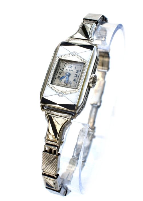 fig 2. Art Deco Ladies Geometric Enamel Wrist Watch By Elgin, Fully Serviced, c1933