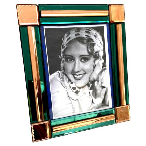 Art Deco Original Peach & Green Mirrored Bevelled Glass Picture Frame, C1930