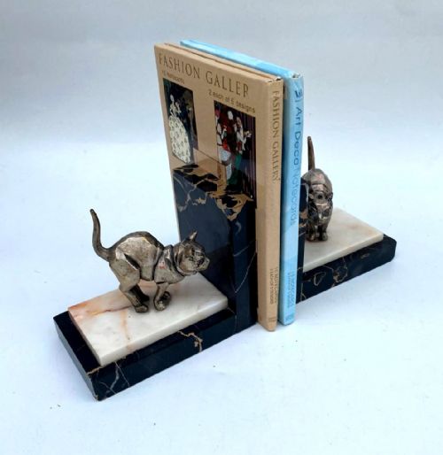fig 1. Art Deco Silvered Spelter & Marble Cat Bookends, French, c1930