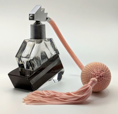 ART DECO ENAMELLED GLASS CHROME GEOMETRIC PERFUME ATOMISER C1930 - ADDITIONAL PHOTO 1