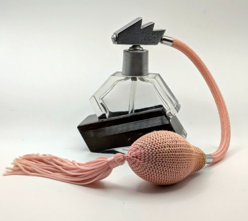 ART DECO ENAMELLED GLASS CHROME GEOMETRIC PERFUME ATOMISER C1930 - ADDITIONAL PHOTO 2