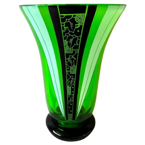 Art Deco Stunning Green & Black Enamel Glass Vase, C1930