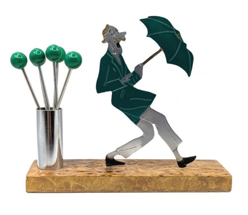 Art Deco Comical Man with Umbrella Cocktail Sticks by Sudre .C1930