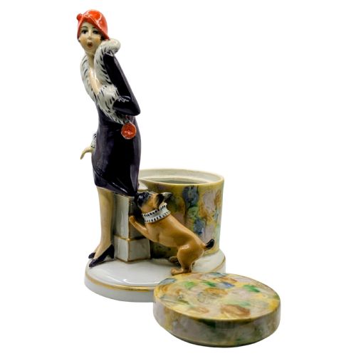 ART DECO PORCELAIN FLAPPER GIRL HALF DOLL DRESSER POWDER TRINKET BOX CIRCA 1930 - ADDITIONAL PHOTO 4