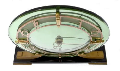 fig 1. Art Deco Green Mirror Glass Mantle Clock by Smiths Clock Company, c1940