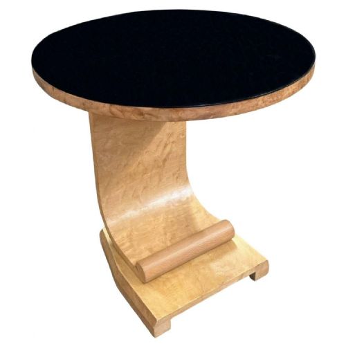 fig 2. A set of three 1930s Art Deco nesting side tables featuring blonde birds-eye maple curved J-shaped frames and circular black glass insert tops.