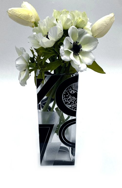 ART DECO TALL BLACK ENAMEL GLASS ETCHED VASE BY KARL PALDA C1935 - ADDITIONAL PHOTO 1