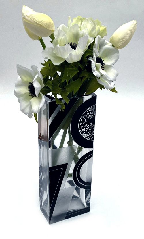 ART DECO TALL BLACK ENAMEL GLASS ETCHED VASE BY KARL PALDA C1935 - ADDITIONAL PHOTO 2