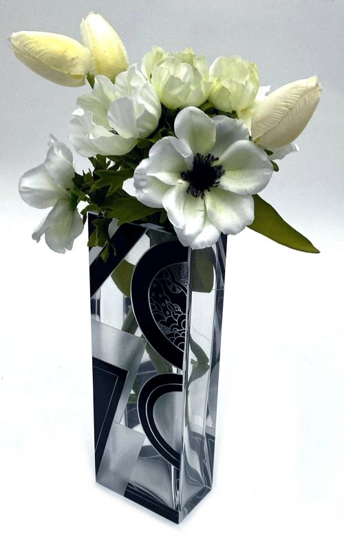 ART DECO TALL BLACK ENAMEL GLASS ETCHED VASE BY KARL PALDA C1935 - ADDITIONAL PHOTO 3